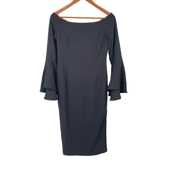 Bardot Solange Off The Shoulder Flare Ruffle Sleeve Black Midi Cocktail Dress 6 - Picture 2 of 10